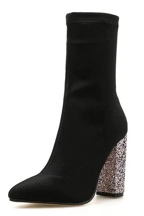 Pointy Toe Glitter Chunky Heel Sock Ankle Boots