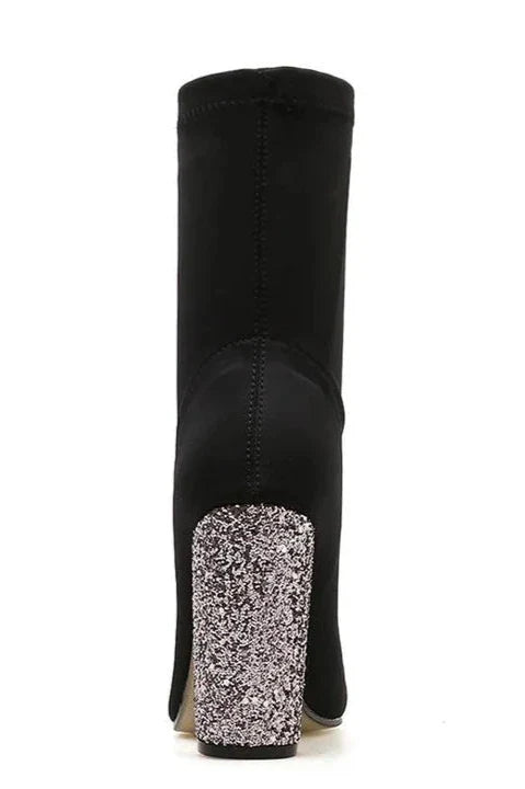 Pointy Toe Glitter Chunky Heel Sock Ankle Boots