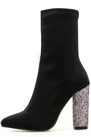 Pointy Toe Glitter Chunky Heel Sock Ankle Boots