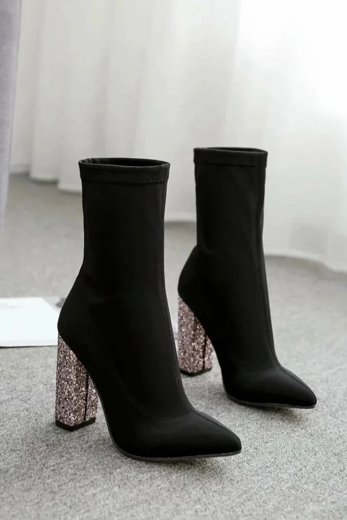 Pointy Toe Glitter Chunky Heel Sock Ankle Boots