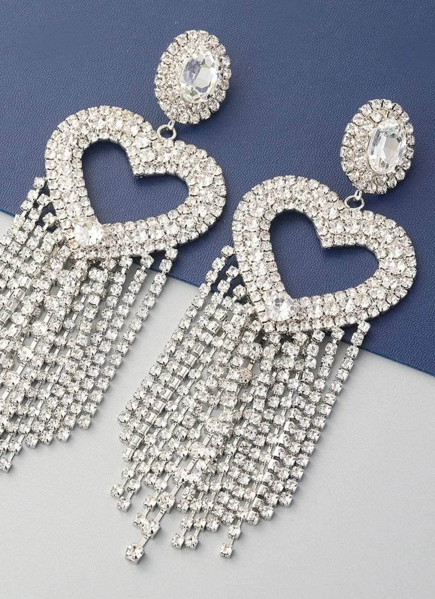 Rhinestone Fringe Heart Statement Earrings