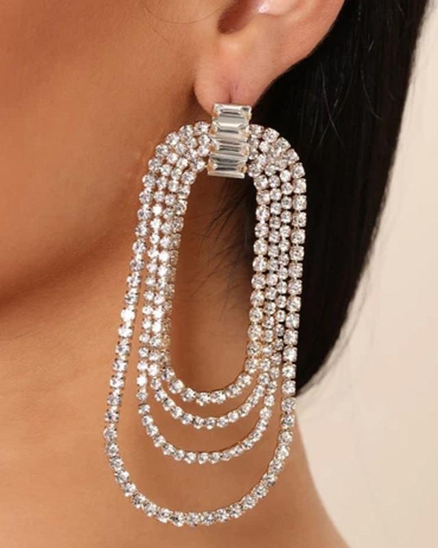 Four-Tier Rhinestone Oval Drop Earrings