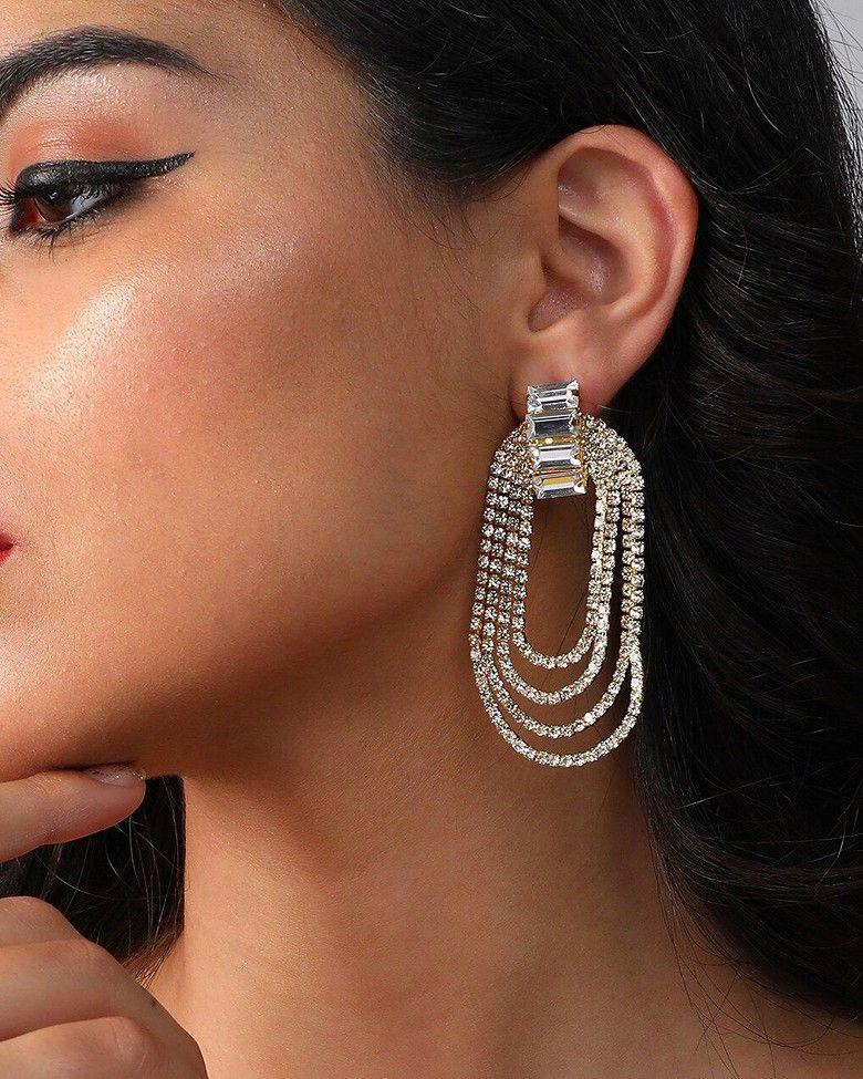 Four-Tier Rhinestone Oval Drop Earrings