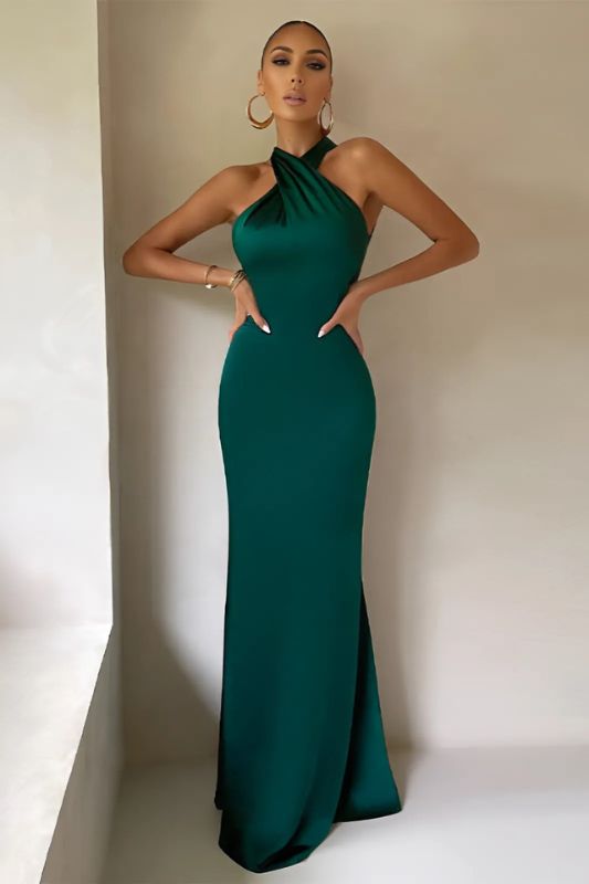 Satin Halter Maxi Dress w/ Mermaid Silhouette