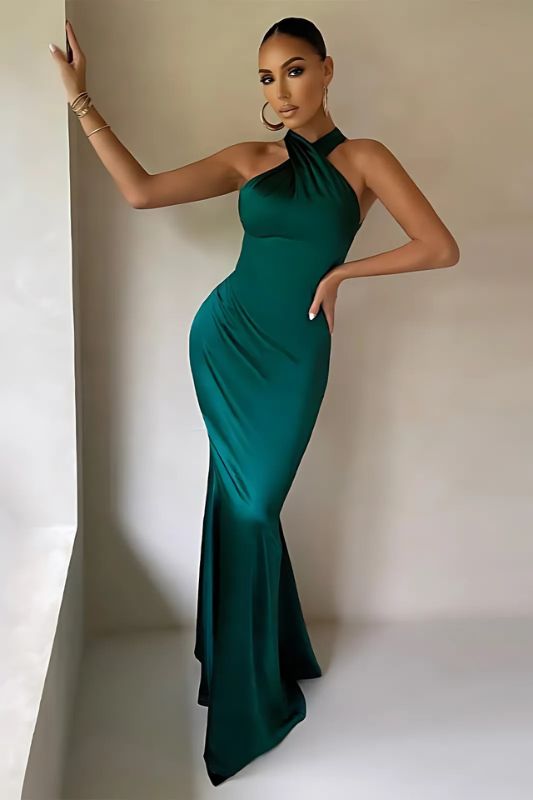 Satin Halter Maxi Dress w/ Mermaid Silhouette