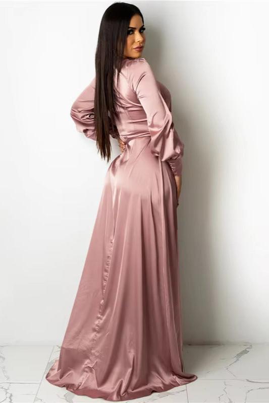 Long Sleeve V-Neck Satin Wrap Dress With Side Split