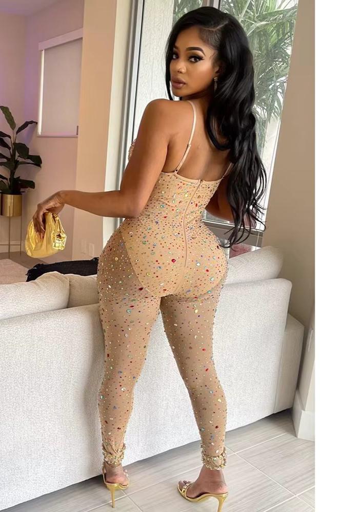 Bedazzled Semi Sheer Colorful Rhinestone Jumpsuit w/ Built In Bodysuit