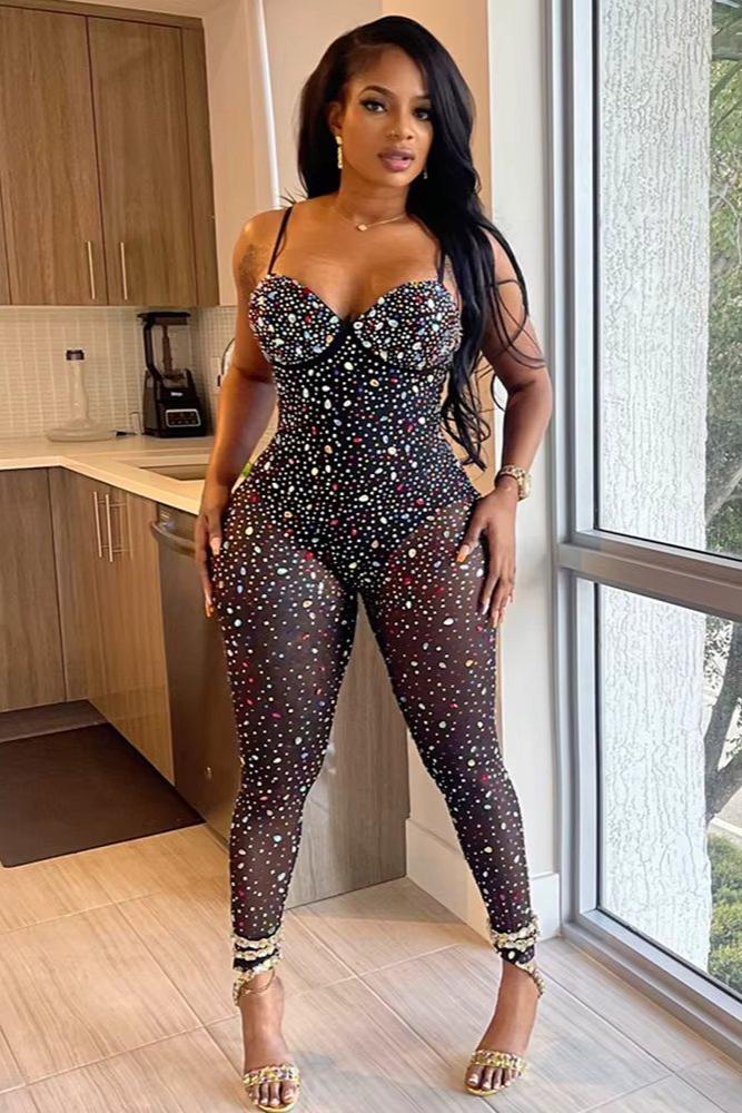 Bedazzled Semi Sheer Colorful Rhinestone Jumpsuit w/ Built In Bodysuit