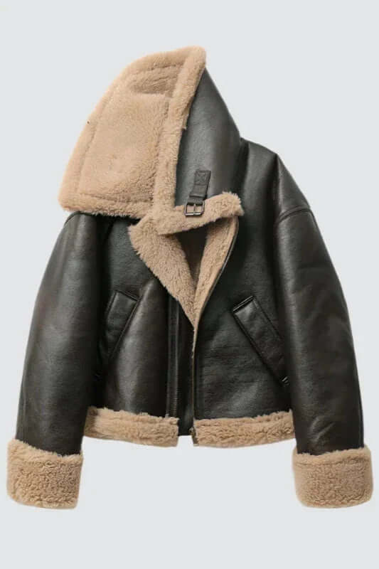 Women's Faux Shearling Fur Leather Aviator Jacket