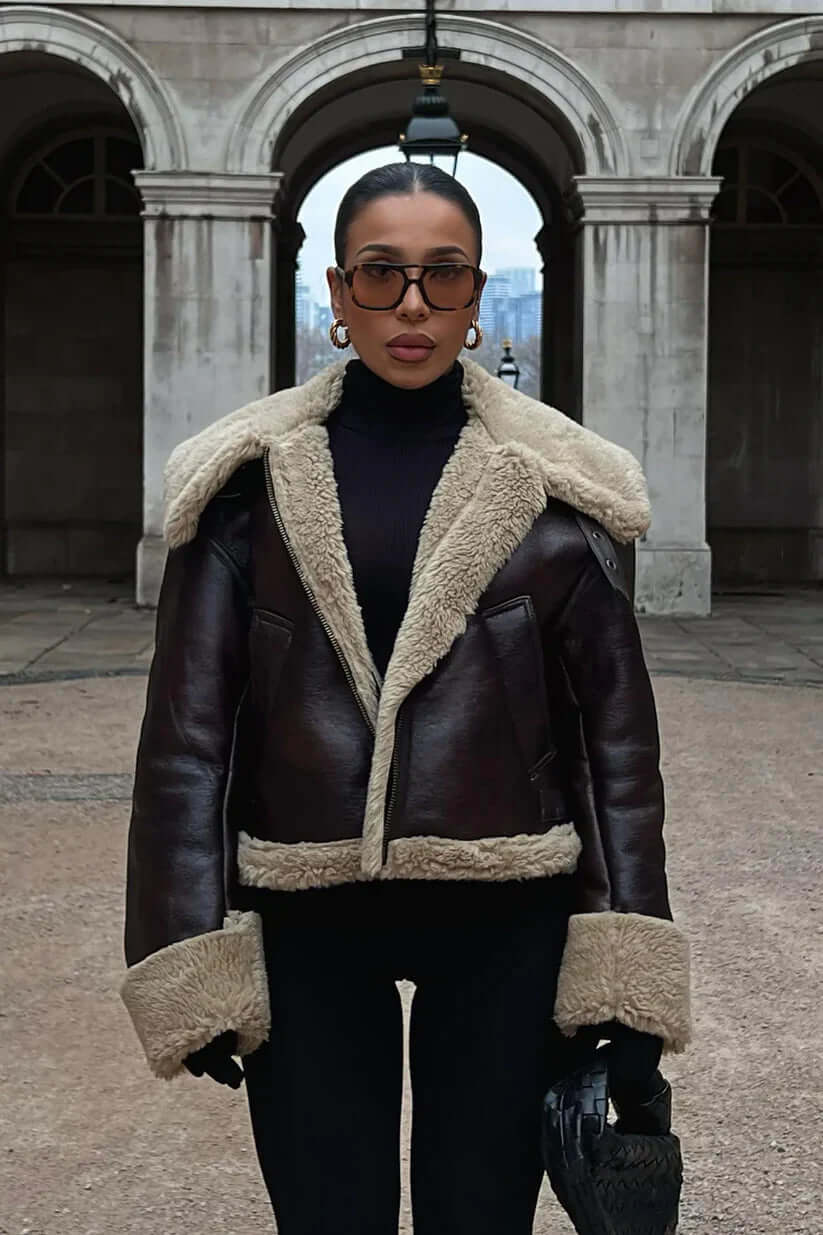 Women's Faux Shearling Fur Leather Aviator Jacket