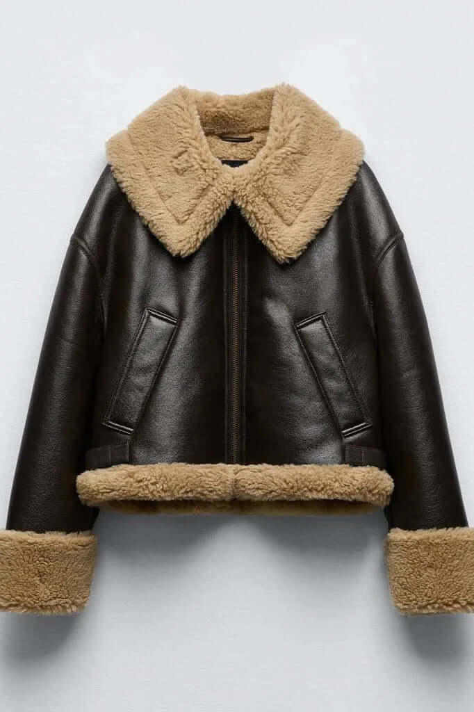 Women's Faux Shearling Fur Leather Aviator Jacket