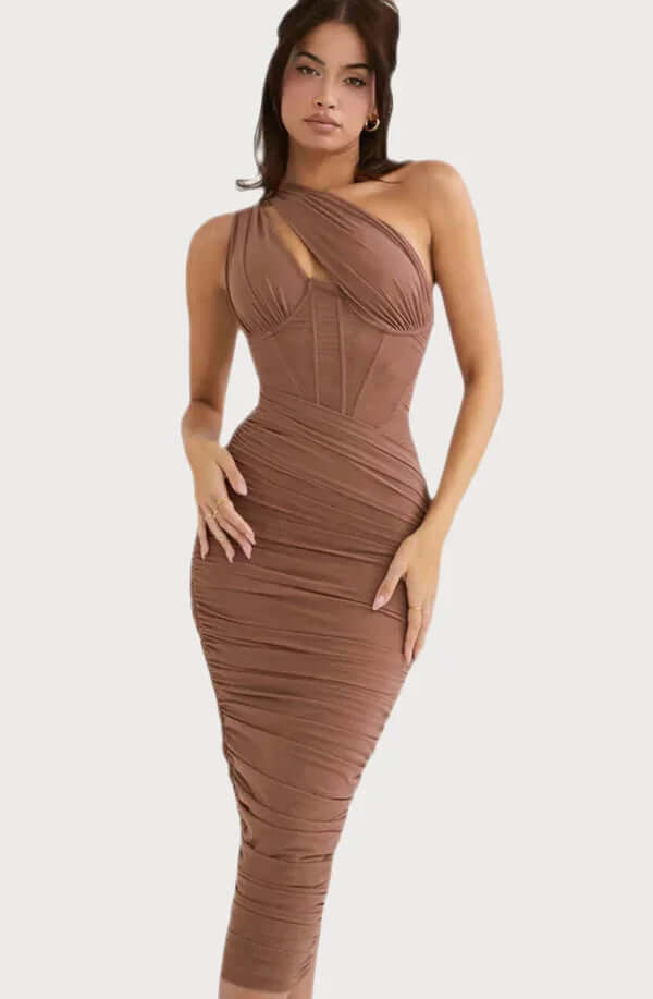 Sleeveless One Shoulder Ruched Bodycon Maxi Dress