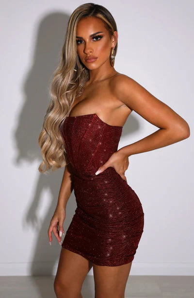 Strapless Ruched Sparkly Mini Dress, Short Glitter Party Dress