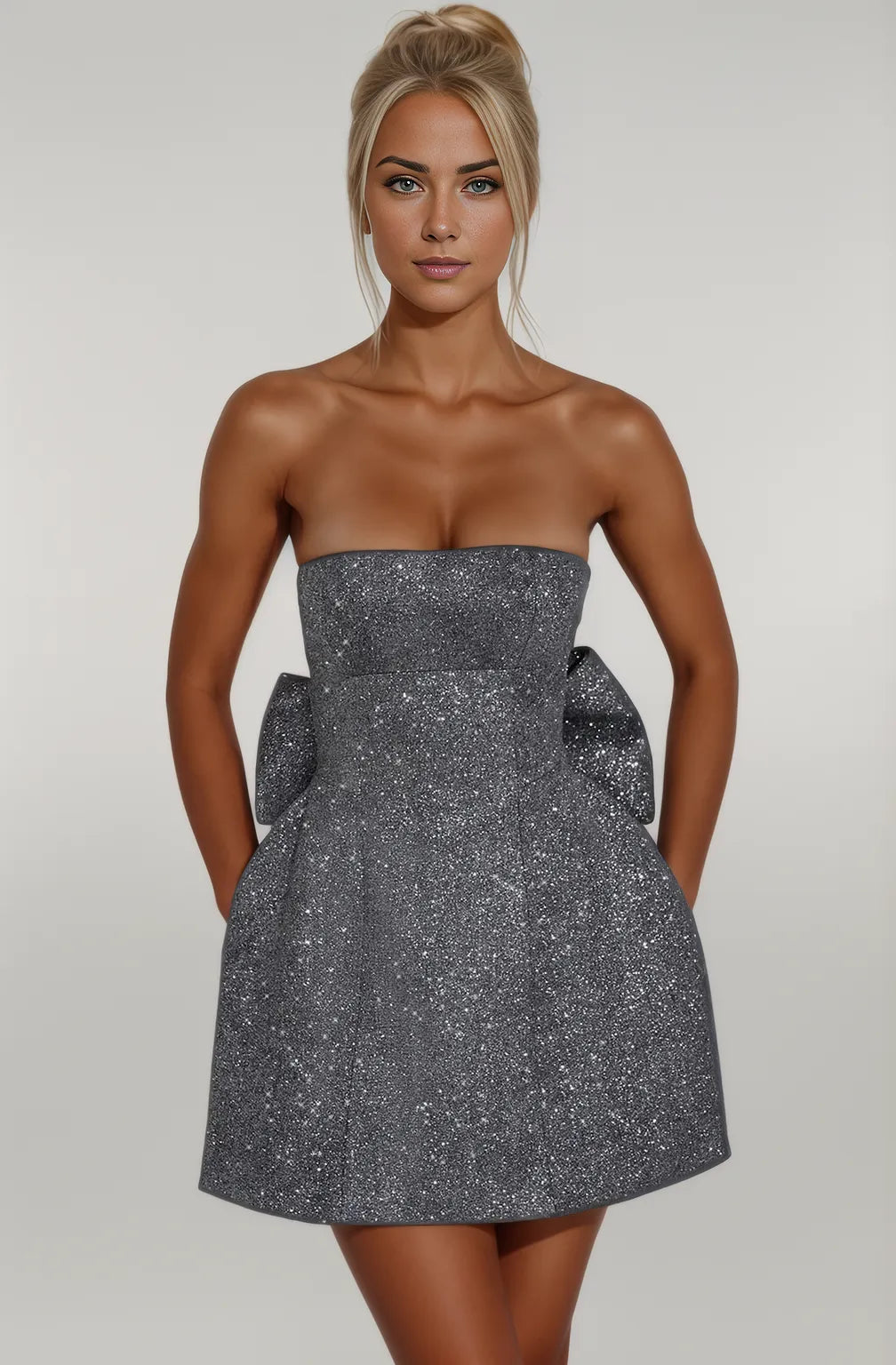 Strapless Sparkly Mini Dress With Bowtie, Short Glitter Party Dress 