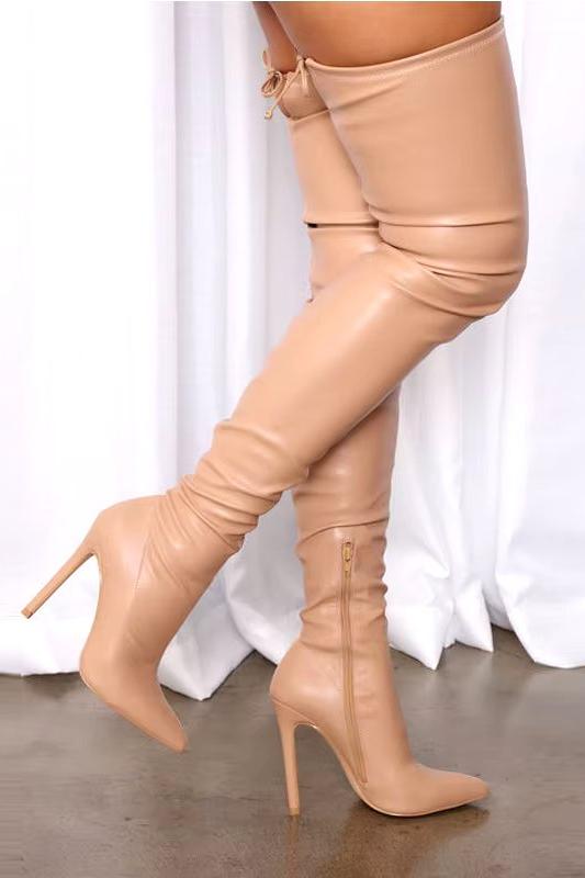 Pointy Toe Thigh High Stiletto Boots Vegan Leather