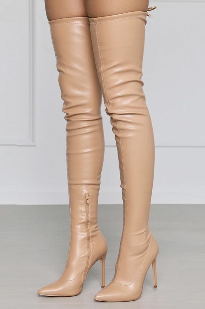 Pointy Toe Thigh High Stiletto Boots Vegan Leather