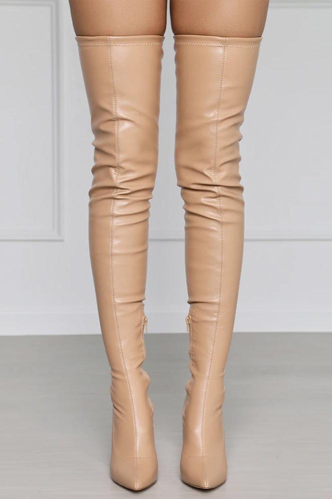 Pointy Toe Thigh High Stiletto Boots Vegan Leather