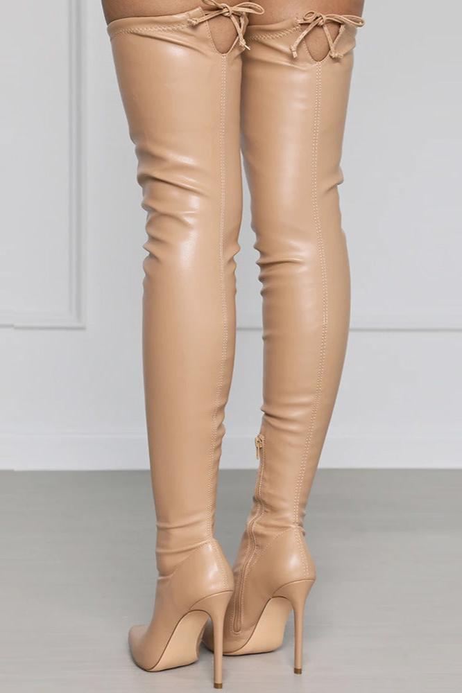 Pointy Toe Thigh High Stiletto Boots Vegan Leather