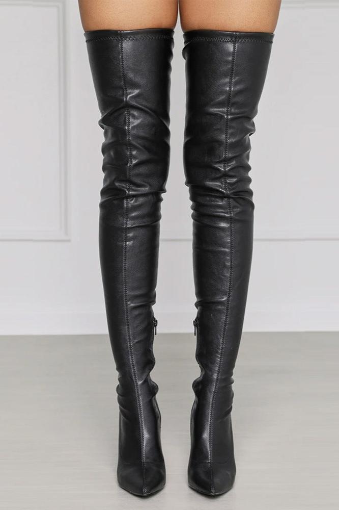 Pointy Toe Thigh High Stiletto Boots Vegan Leather