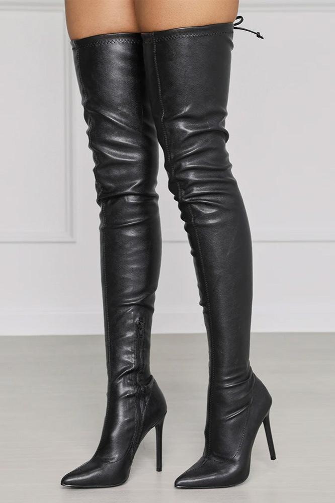 Pointy Toe Thigh High Stiletto Boots Vegan Leather