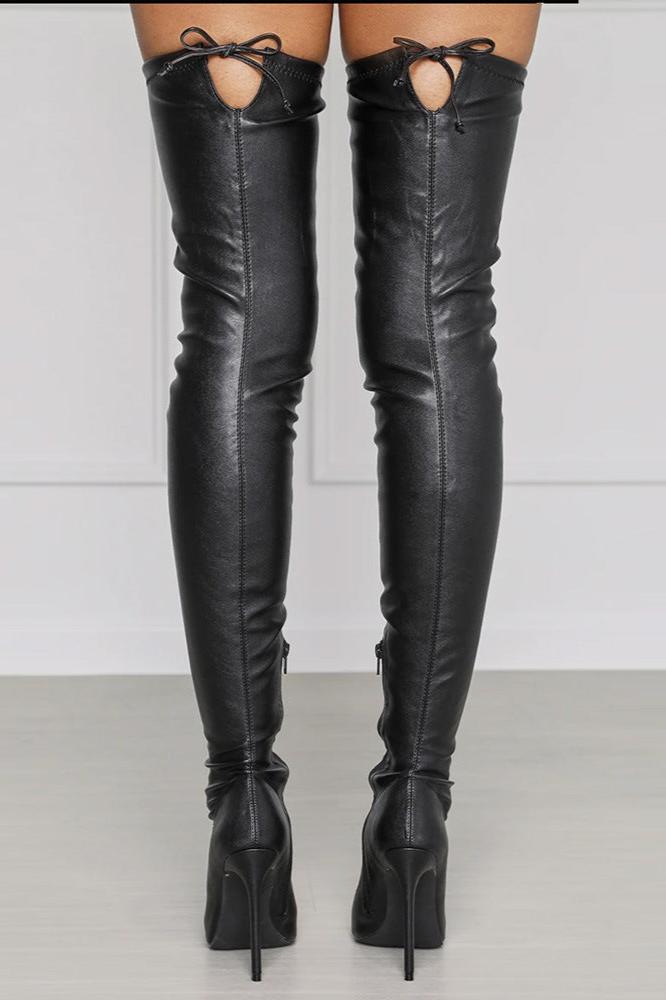 Pointy Toe Thigh High Stiletto Boots Vegan Leather