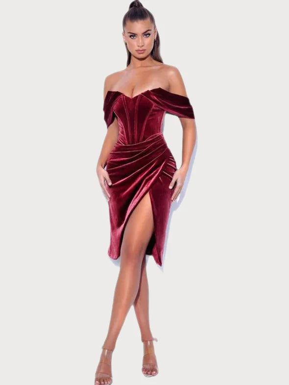 Off Shoulder Velvet Corset Midi Dress