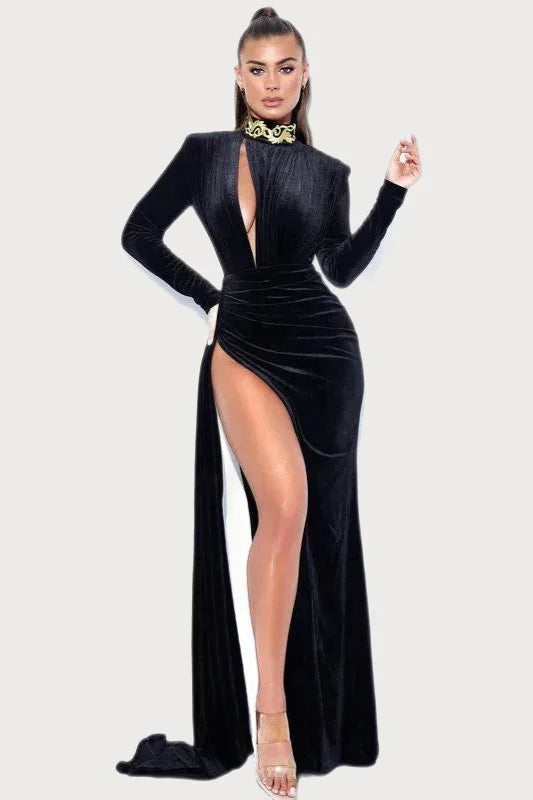 Long Sleeve Cutout High Slit Goddess Velvet Evening Dress