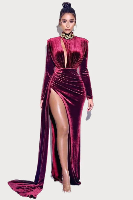 Long Sleeve Asymmetric Cutout Velvet Evening Gown With high Slit