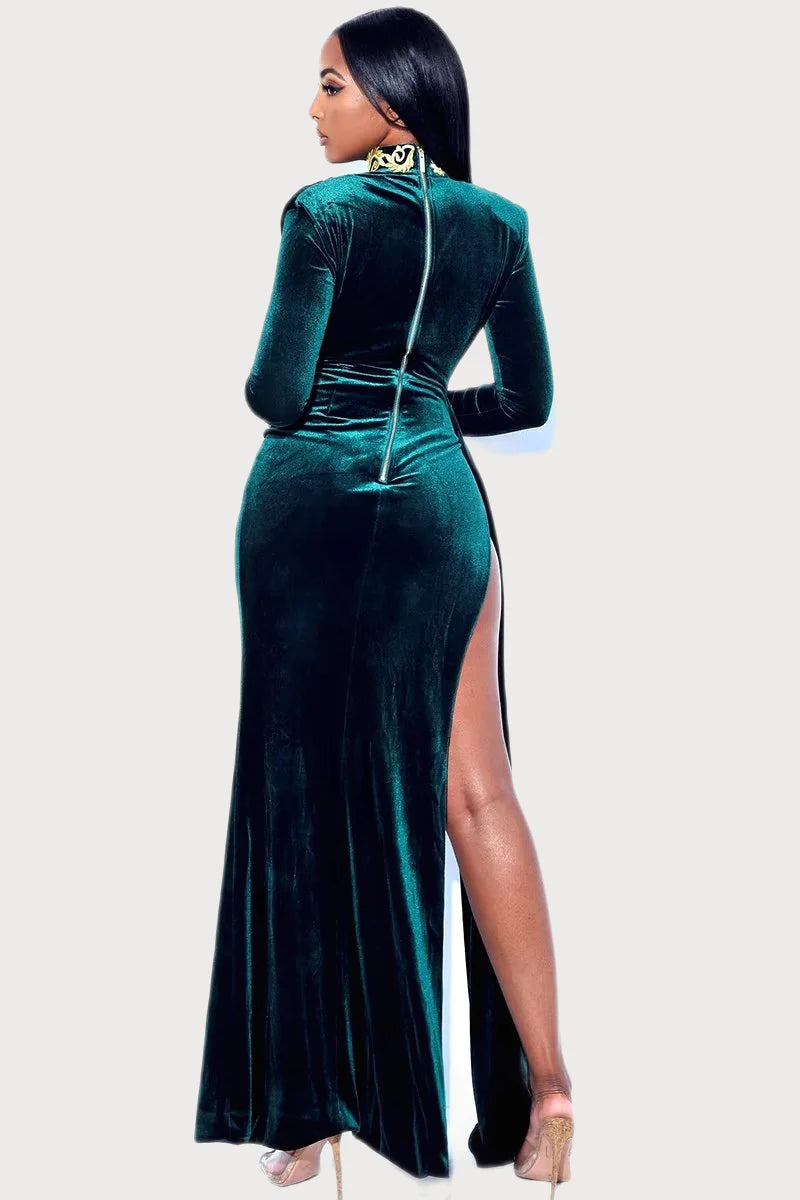 Long Sleeve Asymmetric Cutout Velvet Evening Gown With high Slit