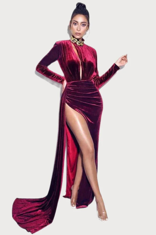 Long Sleeve Asymmetric Cutout Velvet Evening Gown With high Slit