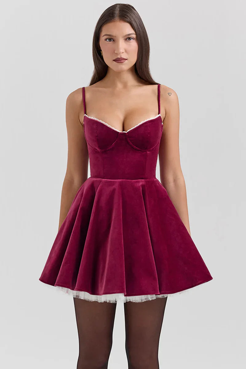 Spaghetti Strap A-Line Velvet Tulle Corset Mini Dress