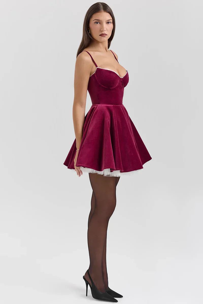 Spaghetti Strap A-Line Velvet Tulle Corset Mini Dress