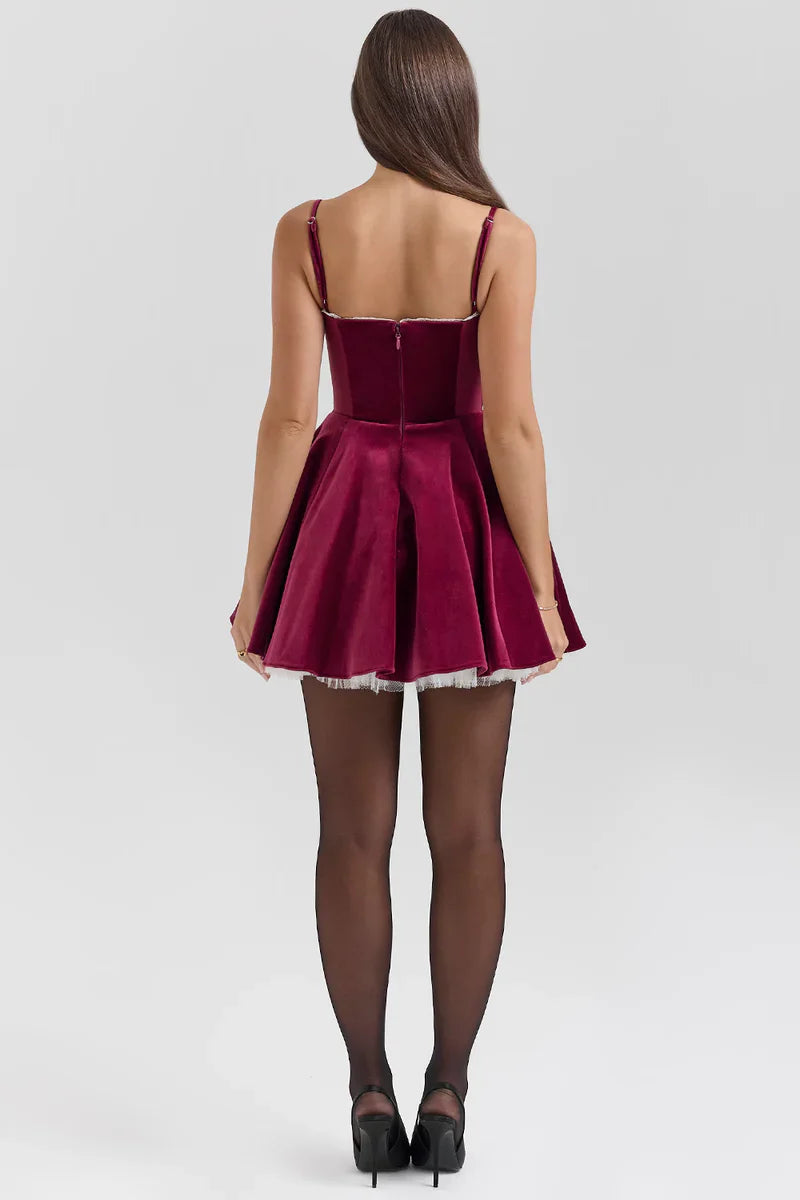 Spaghetti Strap A-Line Velvet Tulle Corset Mini Dress