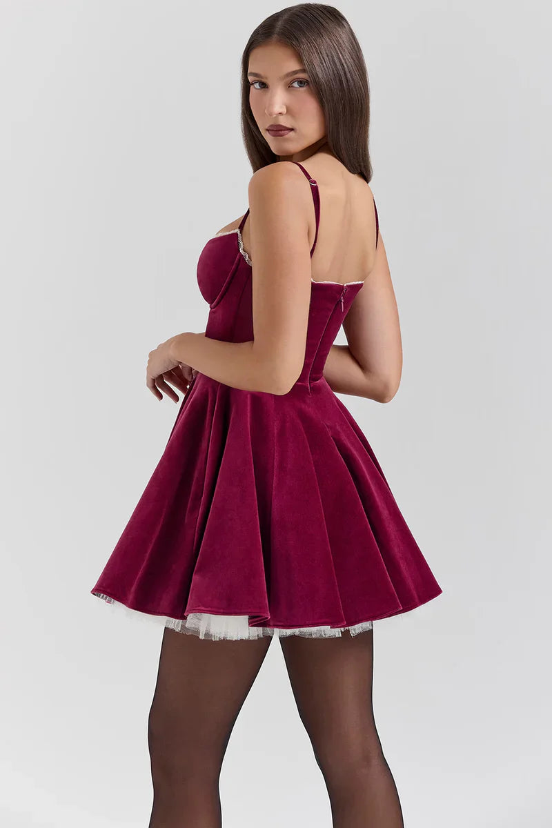 Spaghetti Strap A-Line Velvet Tulle Corset Mini Dress